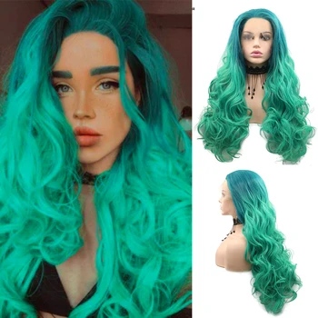Sylvia Синтетический парик с кружевом спереди, Омбре, Зеленые парики для женщин, Средняя часть, Линия роста волос, Термостойкое волокно, Вечерние парики для косплея