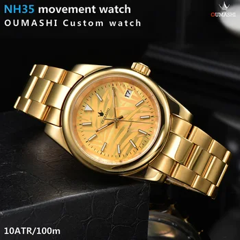 OUMASHI 39 мм мужские часы NH35 с серебряным ремешком, сапфировое стекло, светящийся циферблат, автоматические серебряные водонепроницаемые 100-метровые асептические часы, золотые