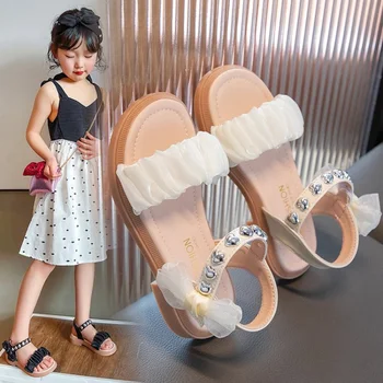 Сандалии с открытым носком для девочек 2023, Летняя новинка, Большая детская обувь в стиле принцессы, обувь для выступлений на мягкой подошве