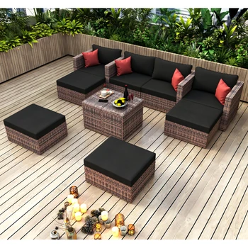 10 предметов, комплект из коричневого плетеного секционного дивана для разговора с черными и красными подушками, с мебелью Pro