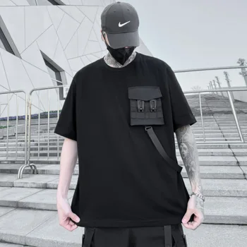 2023 Летняя Мужская Технологичная футболка в стиле панк-хип-хоп с 3D карманом и лентой, Модные Свободные футболки Camiseta