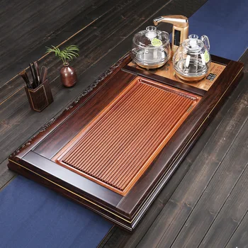 【Можно установить индукционную плиту 】 Чайный поднос из черного и розового дерева, Массивный деревянный каркас, большой чайный столик для гостиной Кунг-фу.