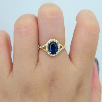 Обручальное Кольцо с Синим Сапфиром 1,0 карата 7*5 мм, Созданное в Лаборатории, для Женщин с Белым Камнем Муассанит, Кольцо Halo Из Желтого Золота 14k