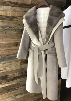 зимний женский норковый воротник 2022 года, подкладка из белого утиного пуха, свободный дизайн халата, шерстяное пальто, парка, толстовки nick garment