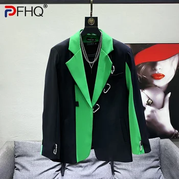 PFHQ Дизайн Металлического Пиджака На Пуговицах Мужской Корейский Стильный Свободный Контрастный Цвет В стиле Пэчворк Индивидуальное Пальто Блейзер Модный 2023 Новый