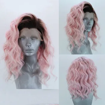 AIMEYA Ombre Розовые Короткие парики-бобы с кружевом спереди для женщин, Термостойкий Синтетический парик-Боб-волна, Бесклеевой парик с натуральной линией роста волос, Косплей