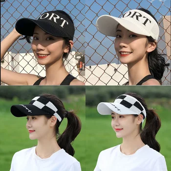 2023 Новая клетчатая шляпа с открытым верхом, женский летний козырек и солнцезащитная шапка, вязаная туристическая шляпа, тренд для занятий спортом на открытом воздухе