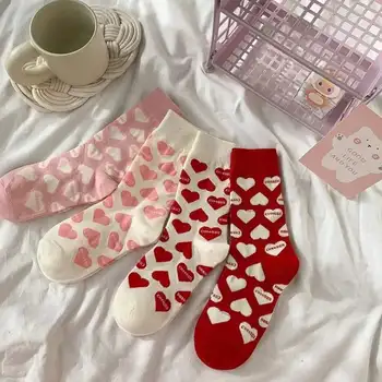 Новые Женские Носки Cute Love With Heart Print Sock Хлопок Harajuku Vintage Happy Female Dots Heart Kawaii Sox Белый Розовый Экипажный Носок