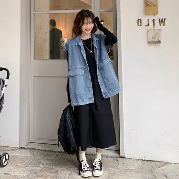 Новая уличная одежда большого размера, Джинсовый жилет, куртка без рукавов, женские Ретро Повседневные топы на бретелях в стиле харадзюку, Свободная Корейская модная куртка