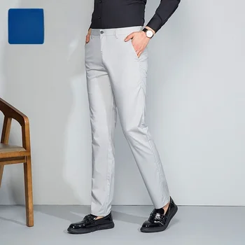 Летние Тонкие Стрейчевые Мужские брюки, Длинные Прямые Высококачественные Дышащие Костюмные брюки, Однотонные Деловые Офисные Официальные брюки C40