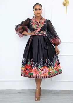 Африканское Элегантное Длинное платье с цветочным кружевом в стиле Дашики, Женское платье с рукавом-фонариком, платья с V-образным вырезом с принтом и высокой талией, Новинка 2023 года, повседневные Женские платья