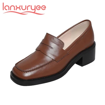 Lanxuryee/ весенняя обувь для отдыха без застежки в стиле ретро из коровьей кожи с квадратным носком на среднем каблуке в стиле пэчворк, опрятные женские туфли-лодочки l32
