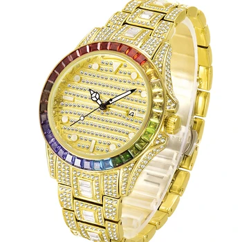 Мужские спортивные кварцевые часы Iced Out, роскошные ювелирные изделия с бриллиантами Rainbow CZ, женские наручные часы из нержавеющей стали