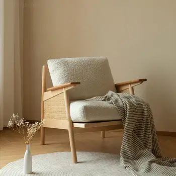 Кресло с откидной спинкой в скандинавском японском стиле, диван-кресло из массива дерева, Ретро Гостиная, Одноместный диван из массива дерева, Подлокотник для отдыха, Ротанг