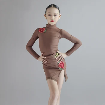 Одежда для латиноамериканских танцев для девочек Платье Кофейного цвета Топ Кружевные юбки Танцевальные костюмы для латиноамериканских танцев Ча-ча-ча Румба-Самба Для девочек Тренировочная одежда XS5863