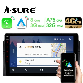 A-Sure Беспроводная автомагнитола CarPlay Android 10 с 8-ядерным процессором 3 + 32 ГБ GPS-навигации для BMW 3 серии E46 318 320 325 4G-LTE SIM WIFI