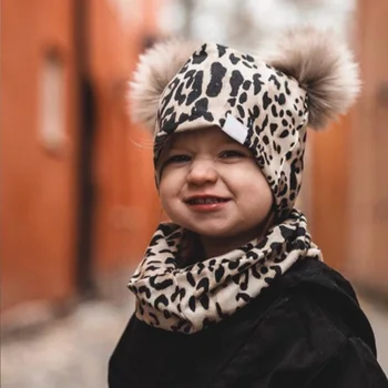 2 шт./компл. Леопардовая детская шапка, шарф, двойной помпон, мягкая полоса, цветок, шапка для девочек и мальчиков, Шапочка, осень-зима, теплая детская шапка, капот