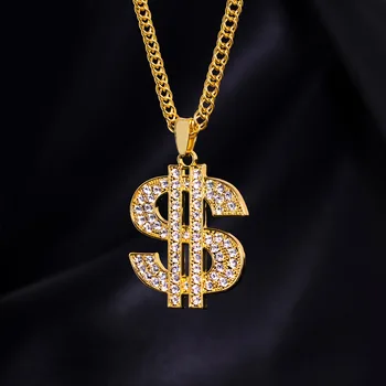 Унисекс, позолоченное ожерелье с подвеской в виде знака доллара с хрустальной инкрустацией - Высококачественные и стильные украшения для мужчин и женщин