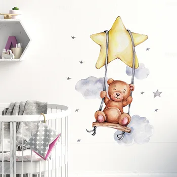 Качели Плюшевый Мишка на звездном облаке, наклейки на стену для детской комнаты, украшение комнаты для мальчика, Наклейки на стены, ПВХ Наклейка своими руками