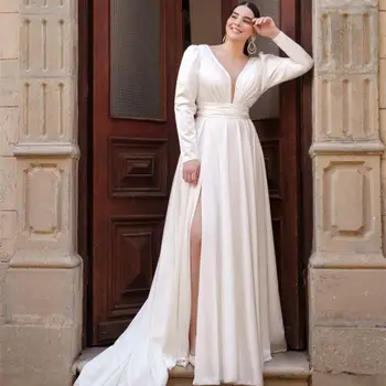 Элегантные атласные свадебные платья для невесты с V-образным вырезом Плюс размер Свадебного платья для гостей с разрезом и длинными рукавами vestidos de novia