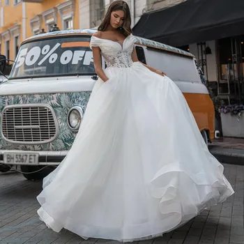 Свадебное платье принцессы с V-образным вырезом, открытыми плечами, бальное платье для женщин, кружевные аппликации, свадебное платье на шнуровке сзади, Vestido de Novia