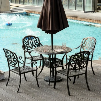 Обеденный набор для уличной мебели из литого алюминия на 4 персоны, круглый стол и стулья для патио с 2-дюймовым отверстием для зонта, штабелируемый дизайн