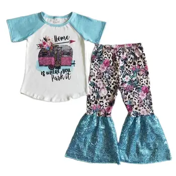 Peace Love Donuts Одежда для маленьких девочек, синий топ с коротким рукавом, красочные брюки-клеш, Детский комплект, Модная одежда оптом для детей