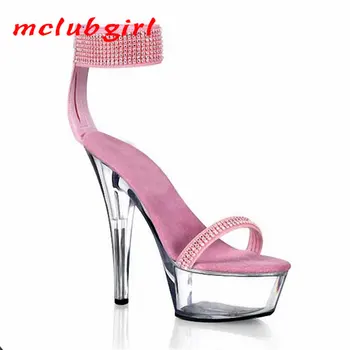 Женская обувь со стразами на тонком каблуке для ночного клуба, танцевальные босоножки со стразами на высоком каблуке, каблук 15 см, платформа 5 см, YKC