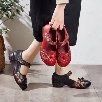 2023 Женская обувь из натуральной кожи в этническом стиле, плетеная обувь в стиле ретро для мам среднего и пожилого возраста, удобная кожаная обувь на толстом каблуке