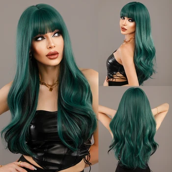 NAMM Лавандовый Длинный Волнистый зеленый парик для женщин на каждый день, косплей, вечеринка, Синтетический парик из длинных волос с пушистой челкой из термостойкого волокна