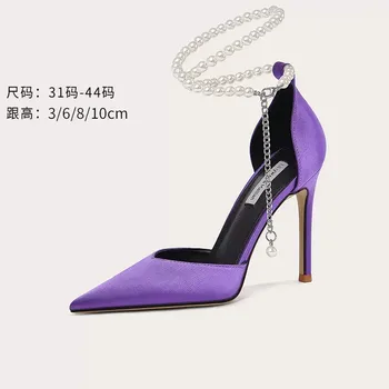 Весна и лето новый фиолетовый Шелковый лицом ткнул жемчужные сандалии тонкие высокие каблуки обувь одного универсальный банкетный платье женские большие 