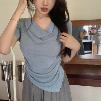 2023 Весна для женщин, укороченные топы, винтажная футболка в корейском ретро стиле, уличная уличная футболка с пышными рукавами