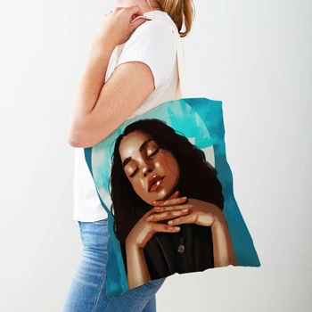 Сумки для покупок с рисунком Африканской девушки из мультфильма, красивая Черная Женская сумка для покупок, Многоразовая Двусторонняя повседневная Женская сумка-тоут