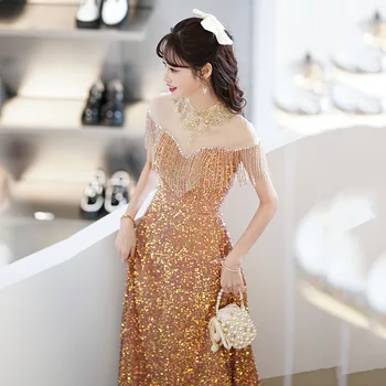 Вечерние платья, вечернее платье с золотыми блестками для женщин, Элегантная длинная кисточка с открытыми плечами, ежегодная вечеринка, банкет Flash L0532