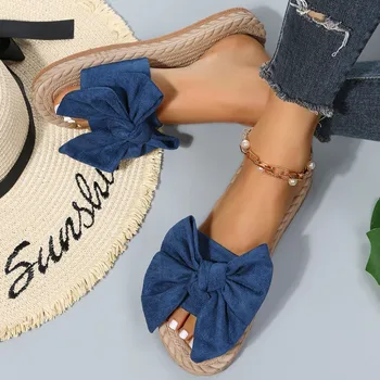 Женские тапочки для отдыха с бантом, однотонная летняя пляжная обувь на плоской подошве из флока, дышащие сандалии в римском стиле с открытым носком