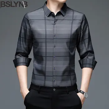 Весенне-осенняя клетчатая рубашка поло, мужские рубашки с длинным рукавом, повседневные модные деловые рубашки, мужской официальный топ