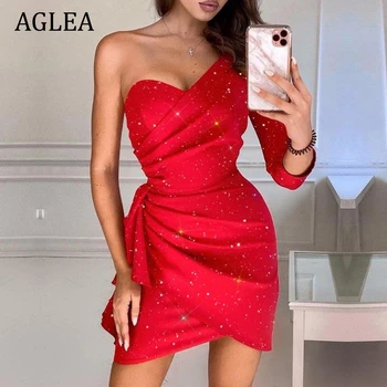 Вечерние платья AGLEA для официальных мероприятий, элегантная вечеринка для женщин, выпускной бал, Короткая длина, складка на одно плечо, ампир, красные блестки.