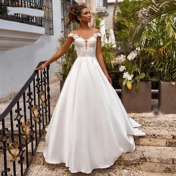 Свадебное платье в стиле бохо 2023, рукава-колпачки, иллюзия шеи, атласное свадебное платье с аппликацией, пляжная принцесса, свадебные платья больших размеров