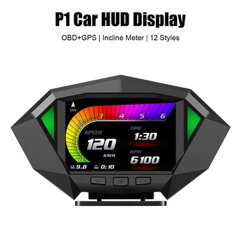 OBD2 GPS Двойная система P1 Автомобильный HUD дисплей Измеритель наклона наклона Измеритель наклона Дисплей автомобиля Цифровой спидометр