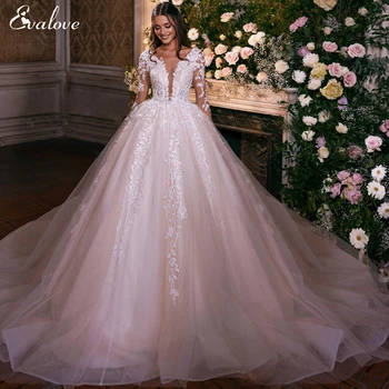 EVALOVE Очаровательное бальное платье с V-образным вырезом, без спинки, с длинным рукавом, свадебное платье 2023, Великолепные аппликации, свадебное платье принцессы со шлейфом в часовне.