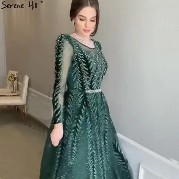 Вечерние платья Serene Hill Muslim зеленого цвета трапециевидной формы с круглым вырезом и длинными рукавами, роскошные вечерние платья с бисером, большие размеры 2023 LA70040