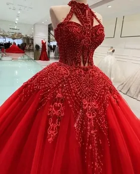 2023 Роскошная пышная юбка, Красные свадебные платья для женщин, расшитые бисером, Корсет с высокой горловиной и спинкой, Свадебные платья vestido