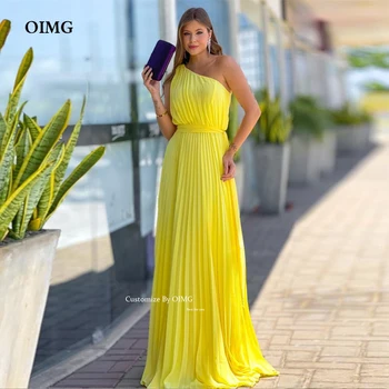 OIMG На одно плечо Желтые шифоновые платья для выпускного вечера длиной до пола с карманами, арабские женские вечерние платья, простое вечернее платье для вечеринок большого размера