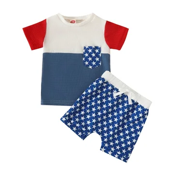 FOCUSNORM, Дни независимости, Комплекты летней одежды для маленьких мальчиков, топы с короткими рукавами и карманами в стиле пэчворк + Шорты с принтом звезд