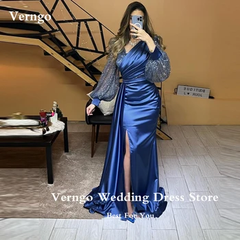 Verngo Темно-синие вечерние платья для свадебной вечеринки, женские Атласные платья русалки с V-образным вырезом и длинным рукавом, арабские платья знаменитостей для выпускного вечера, Большие размеры 2023
