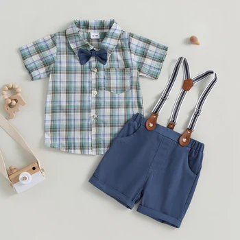 Костюм Джентльмена для маленьких мальчиков, галстук-бабочка, клетчатая рубашка с коротким рукавом и шорты, летняя повседневная одежда из 2 предметов, 2 предмета в комплекте