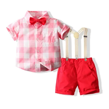 Летний Розовый комплект с короткими рукавами для мальчиков, повседневная хлопковая детская одежда, клетчатая рубашка + шорты + пояс, детский костюм от 2 до 6 лет