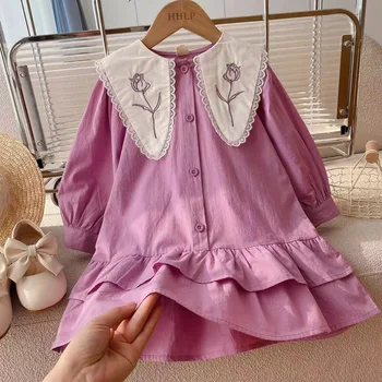 Корейские платья для девочек 2023 Весна и осень, новое Кружевное платье с воротником для маленьких девочек, свежее платье принцессы для девочек, халат, детская одежда