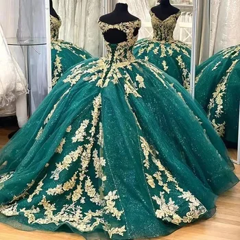 ANGELSBRIDEP Сверкающие Зеленые Пышные Платья Бальное Платье С Золотыми Кружевными Аппликациями Вечернее Платье Принцессы Vestidos De 15 Anos Корсет Сзади