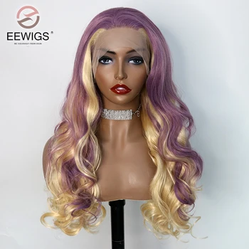Синтетический фиолетовый блондин 30 дюймов 13x4 Плотность 180 кружева Спереди Свободная волна Трансвестит Предварительно выщипанные парики для косплея для женщин